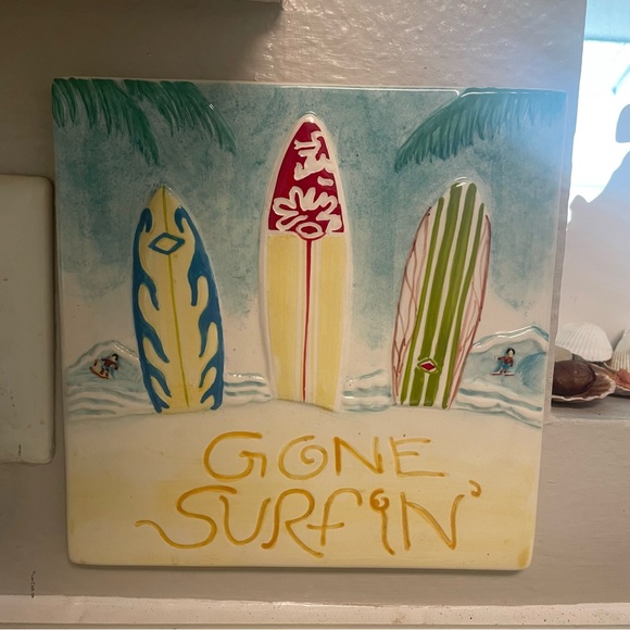 Hand painted Gone Surfing Hanging Tile Wall Art Beach Surfer dude Surf board - Picture 7 of 7